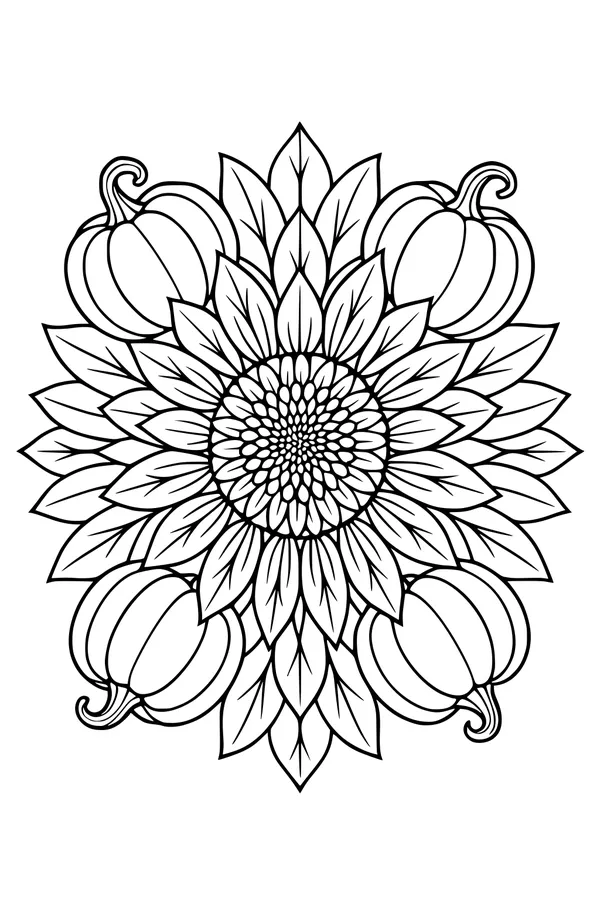 Free Sunflower and Pumpkins Coloring Page - Fall Harvest Wreath (Printable PDF)