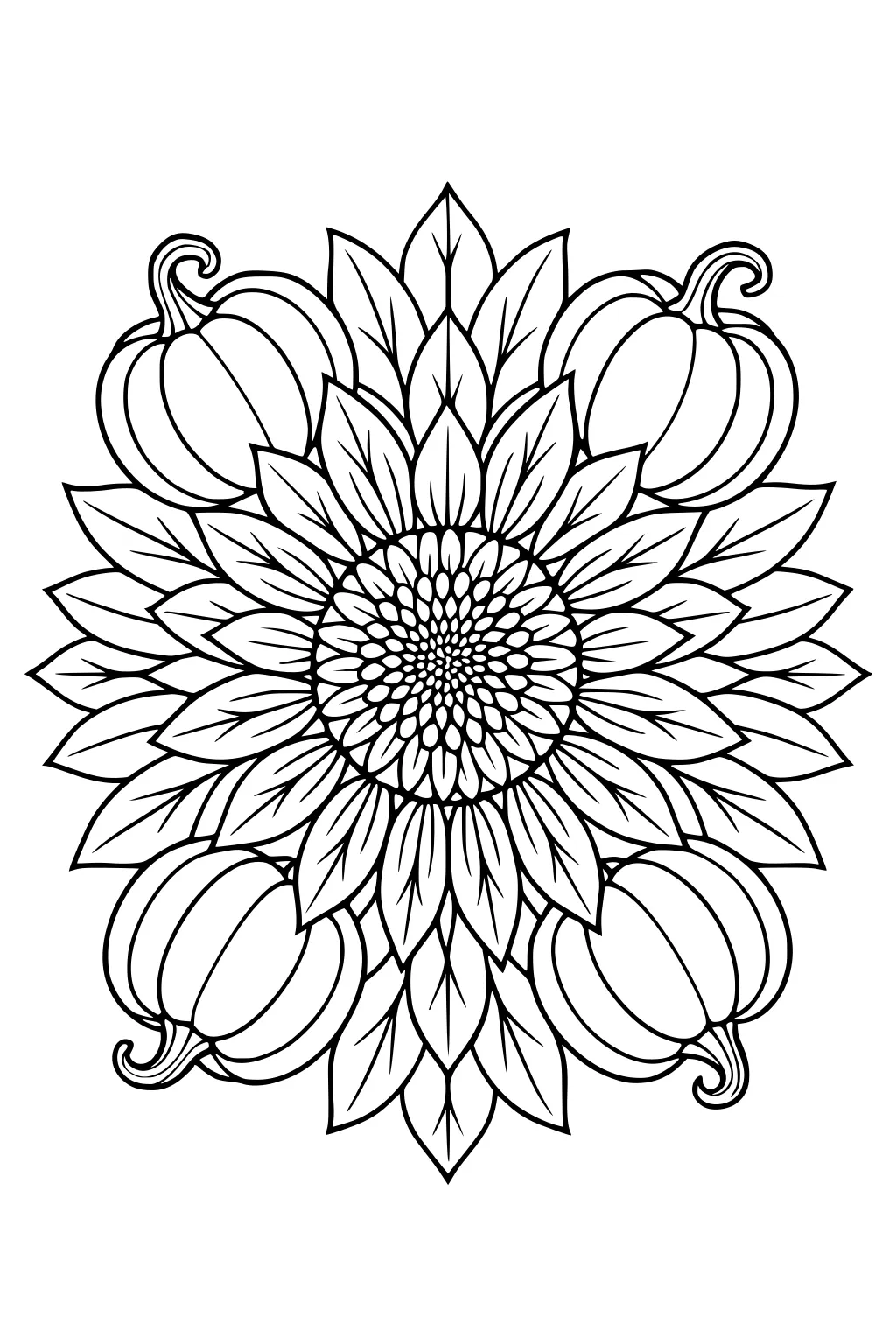 Large sunflower with layered petals at center, surrounded by four pumpkins with curly stems in clean line art.