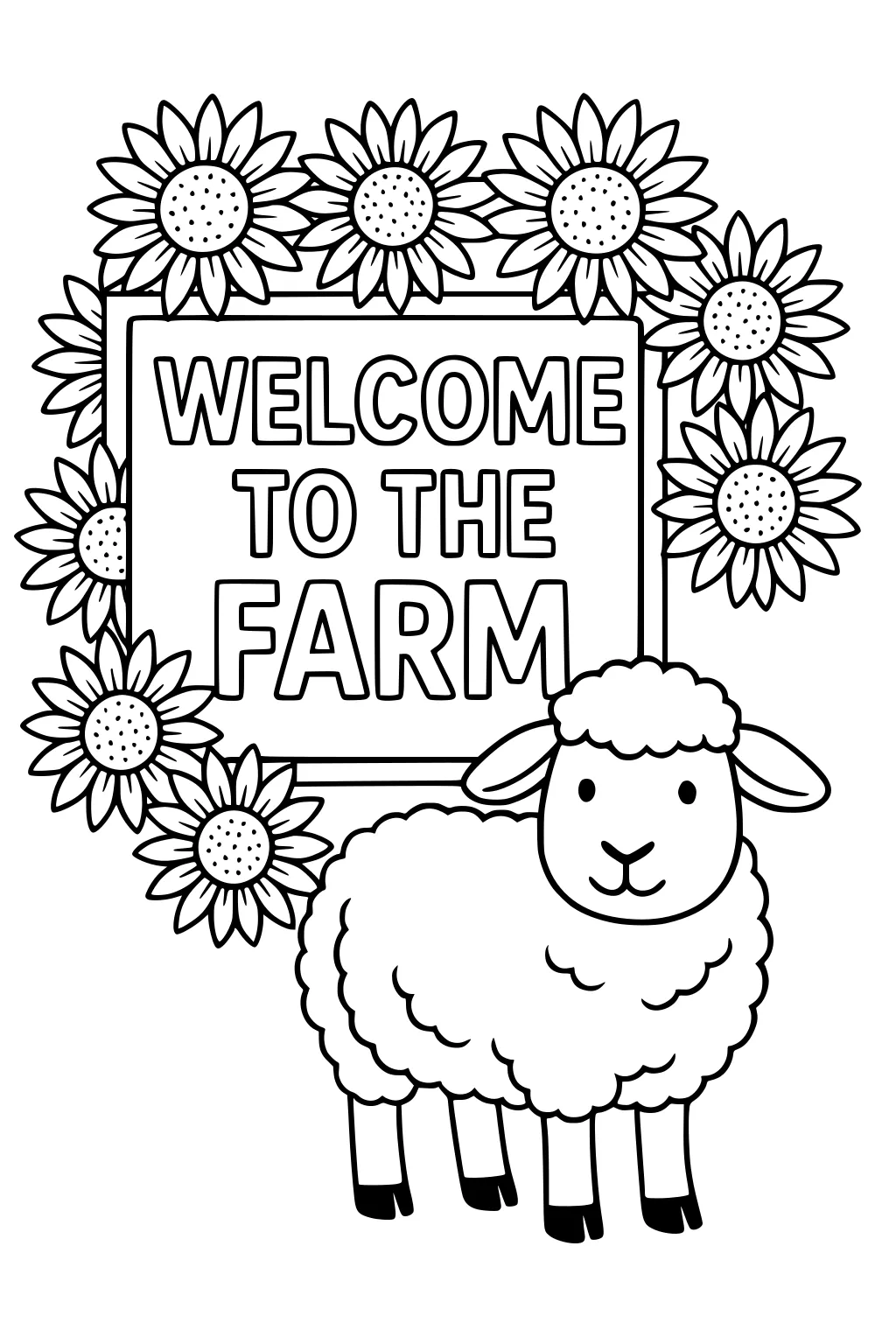 A fluffy sheep stands by a farm sign with sunflowers blooming around the border.