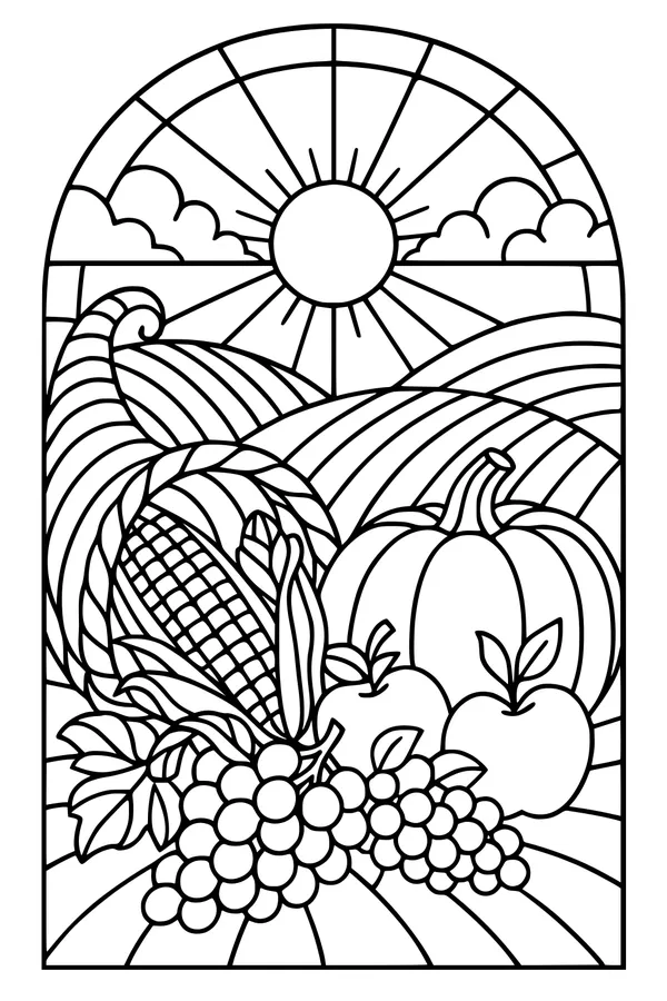 Free Cornucopia Harvest Coloring Page - Pumpkin and Sunrise Farm Scene (Printable PDF)