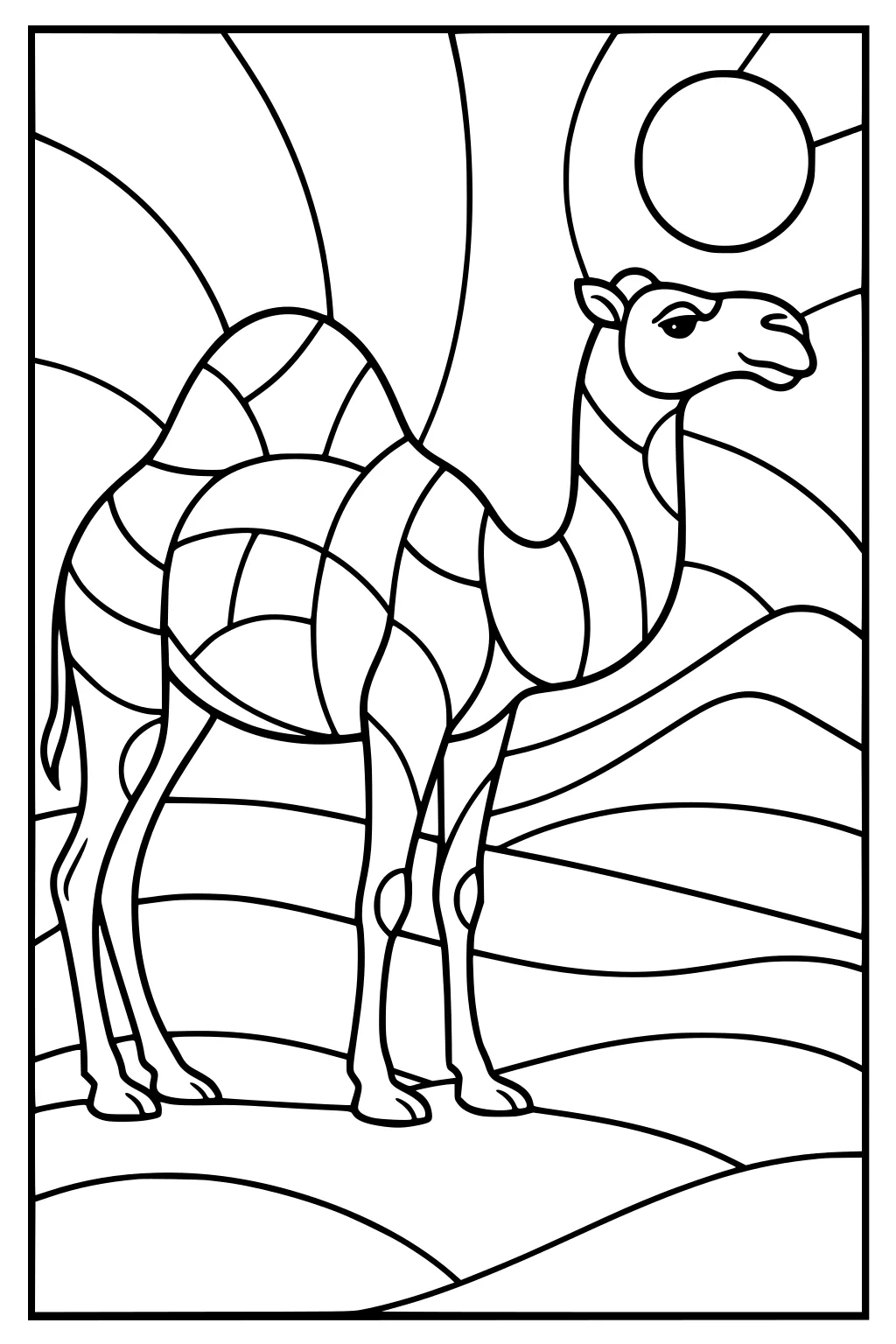 Single camel with large humps standing on sand dunes under a sun, outlined with simple lines and big empty spaces.