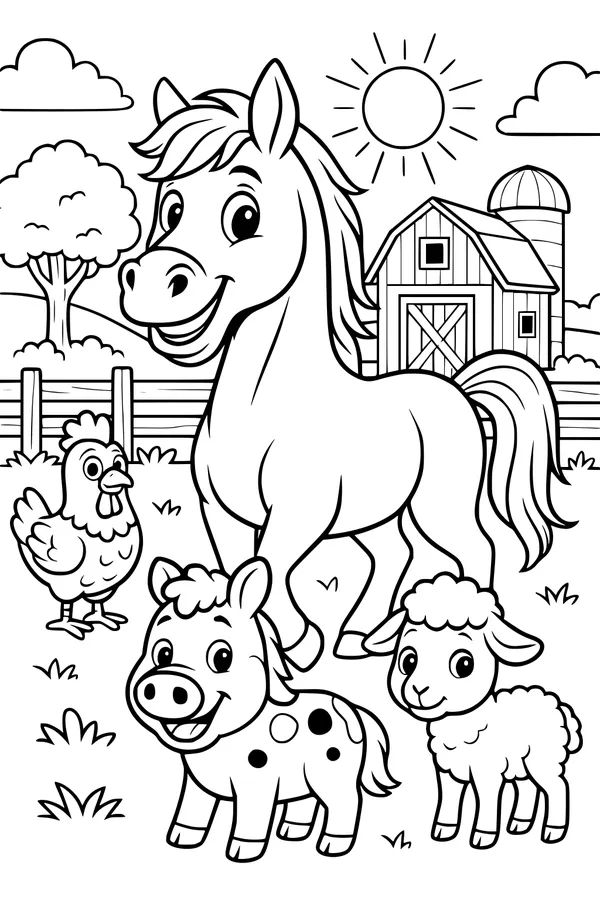 Free Horse Coloring Page - Sunny Barnyard Friends (Printable PDF)