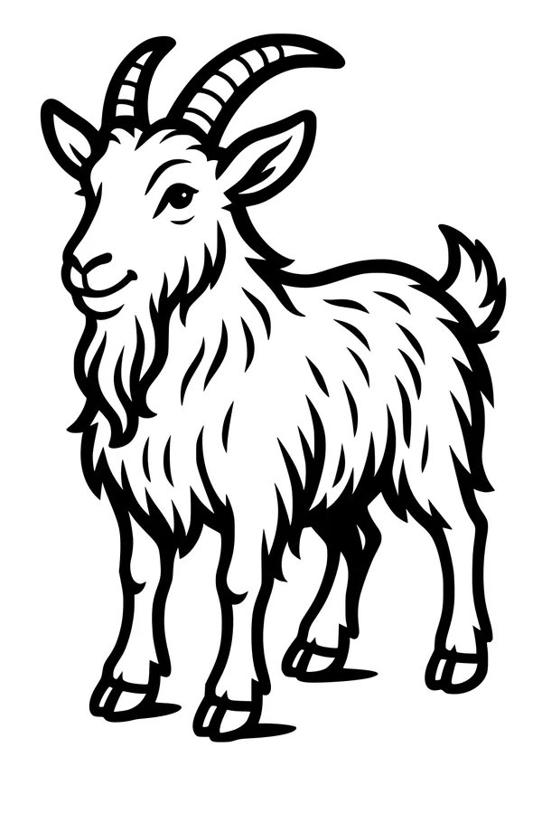 Free Goat Coloring Page - Fluffy Billy Goat with Curved Horns (Printable PDF)