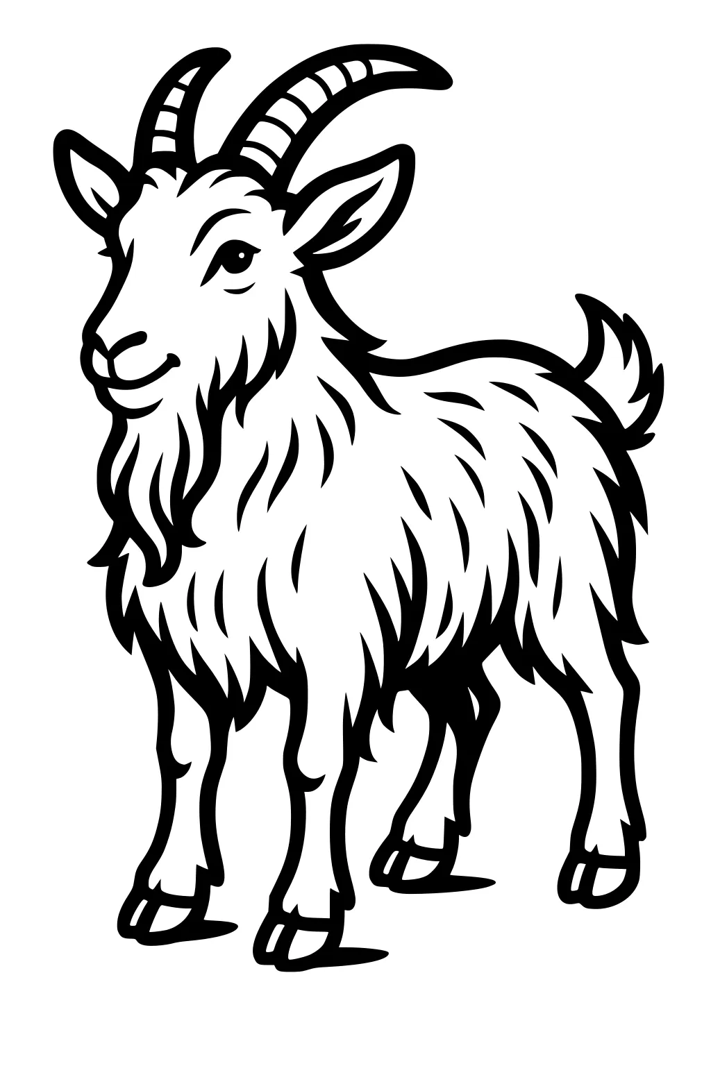 Smiling goat with curved horns, fluffy fur, pointed ears, and a bearded chin, standing on four legs, outlined in black.