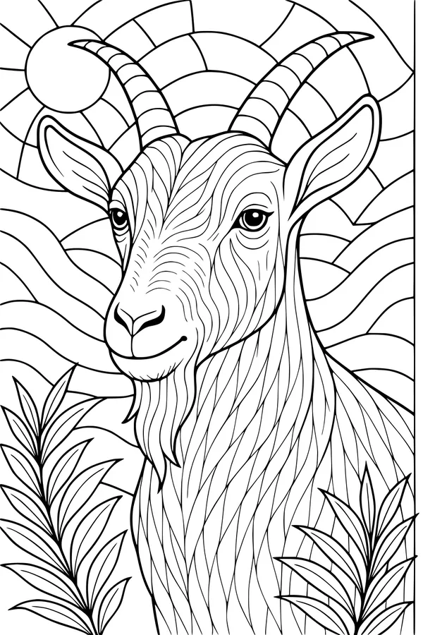 Free Goat Coloring Page - Sunlit Mountain Scene With Curved Horns (Printable PDF)