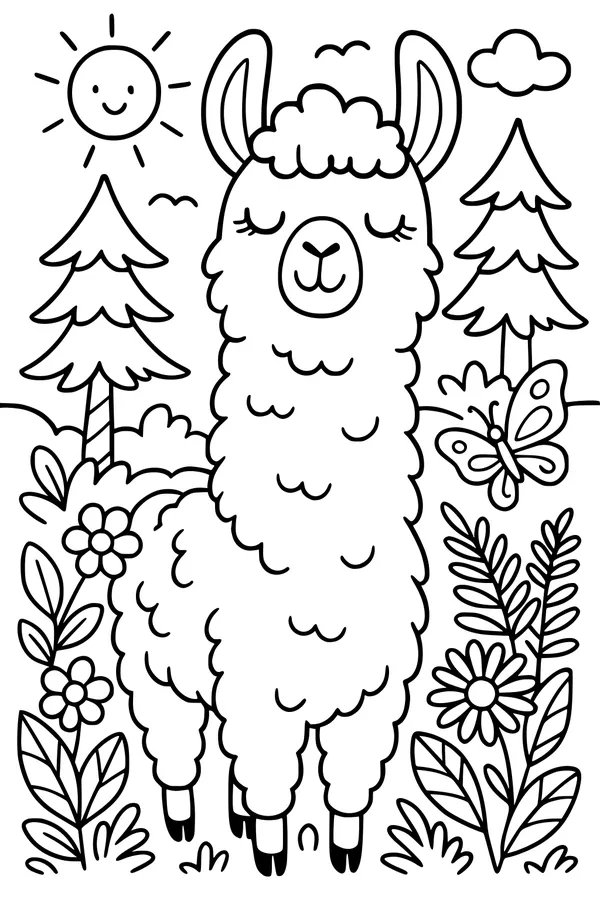 Free Llama Coloring Page - Fluffy Llama in Sunny Meadow (Printable PDF)