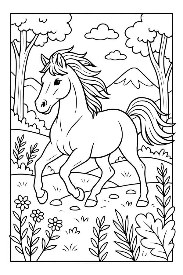Free Horse Coloring Page - Trotting Through a Wildflower Meadow (Printable PDF)