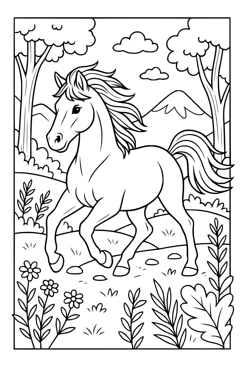 Horse trotting through a meadow path, surrounded by wildflowers, grass, trees, and distant mountains under a cloudy sky.