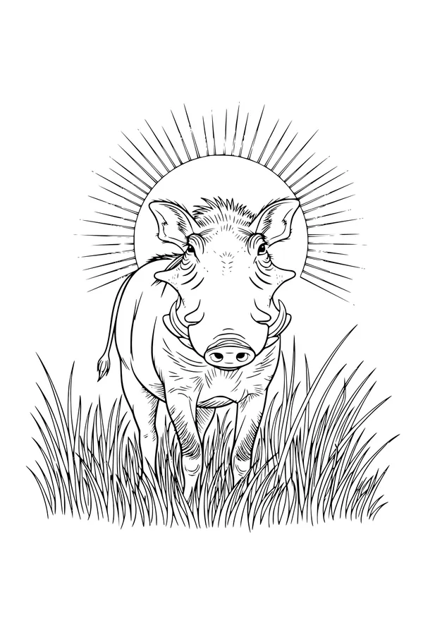Free Warthog Coloring Page - Standing in Tall Savanna Grass (Printable PDF)