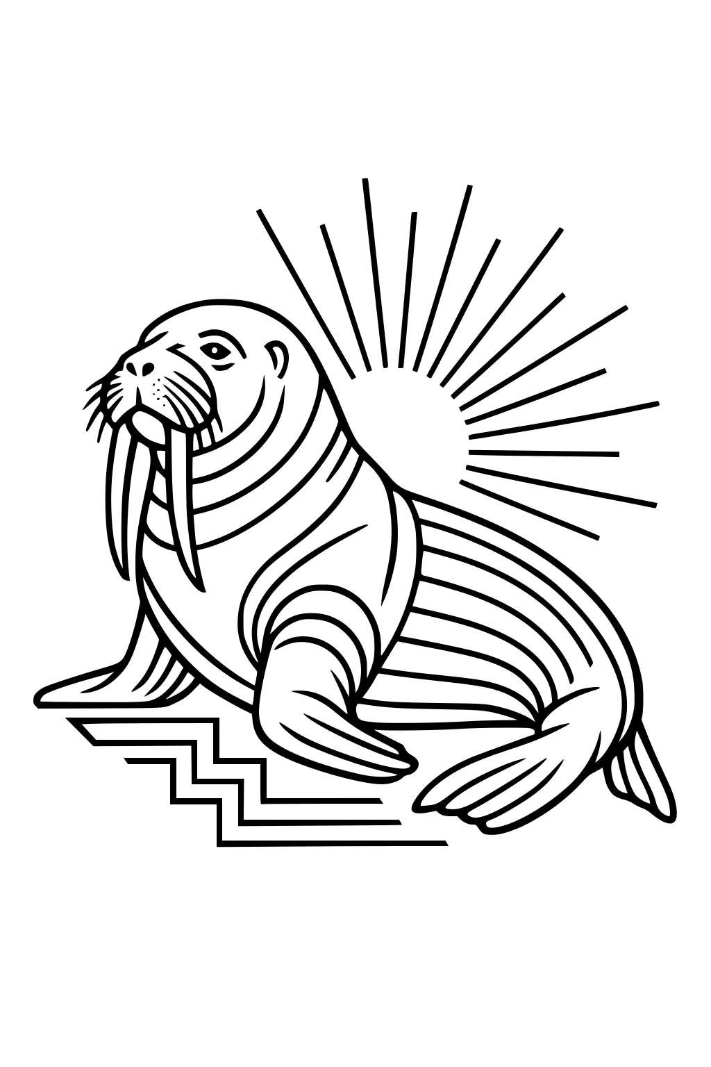 Walrus with big tusks and whiskers sitting on shore, sun and sunbeams behind, zig-zag ice or rock at his side.