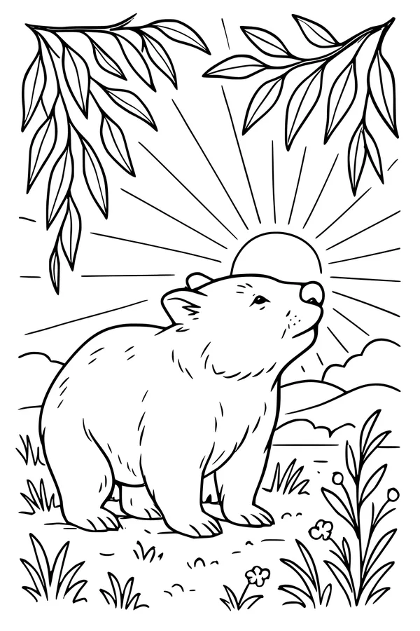 Free Wombat Coloring Page - Sunny Meadow Stroll (Printable PDF)