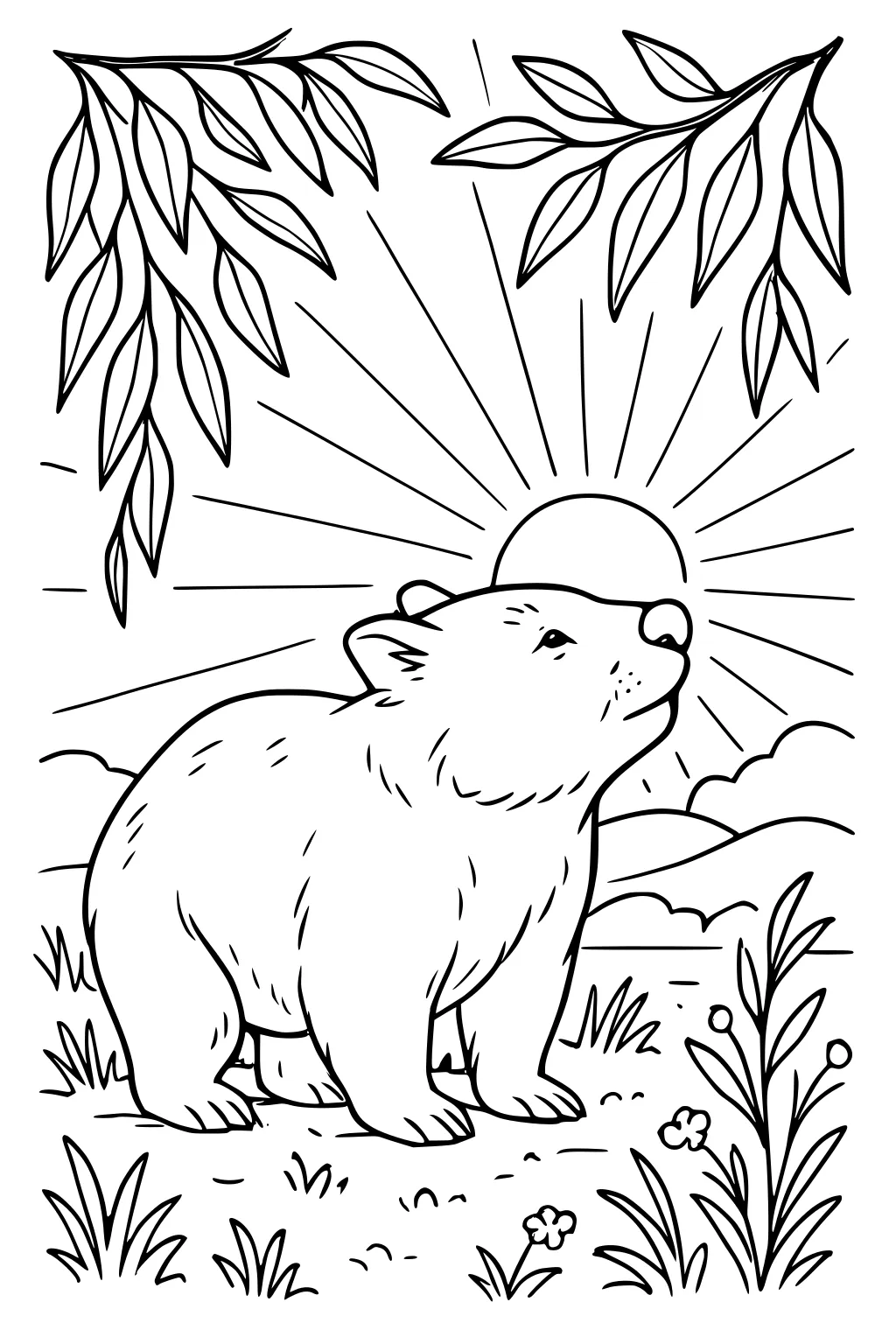 Wombat stands in grass under hanging leaves with sun rays behind, distant hills and clouds, and small flowers near his paws.