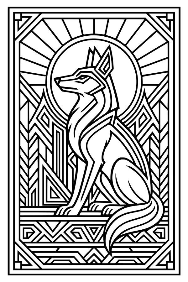 Free Coyote Coloring Page - Stylized Desert Sunburst Scene (Printable PDF)