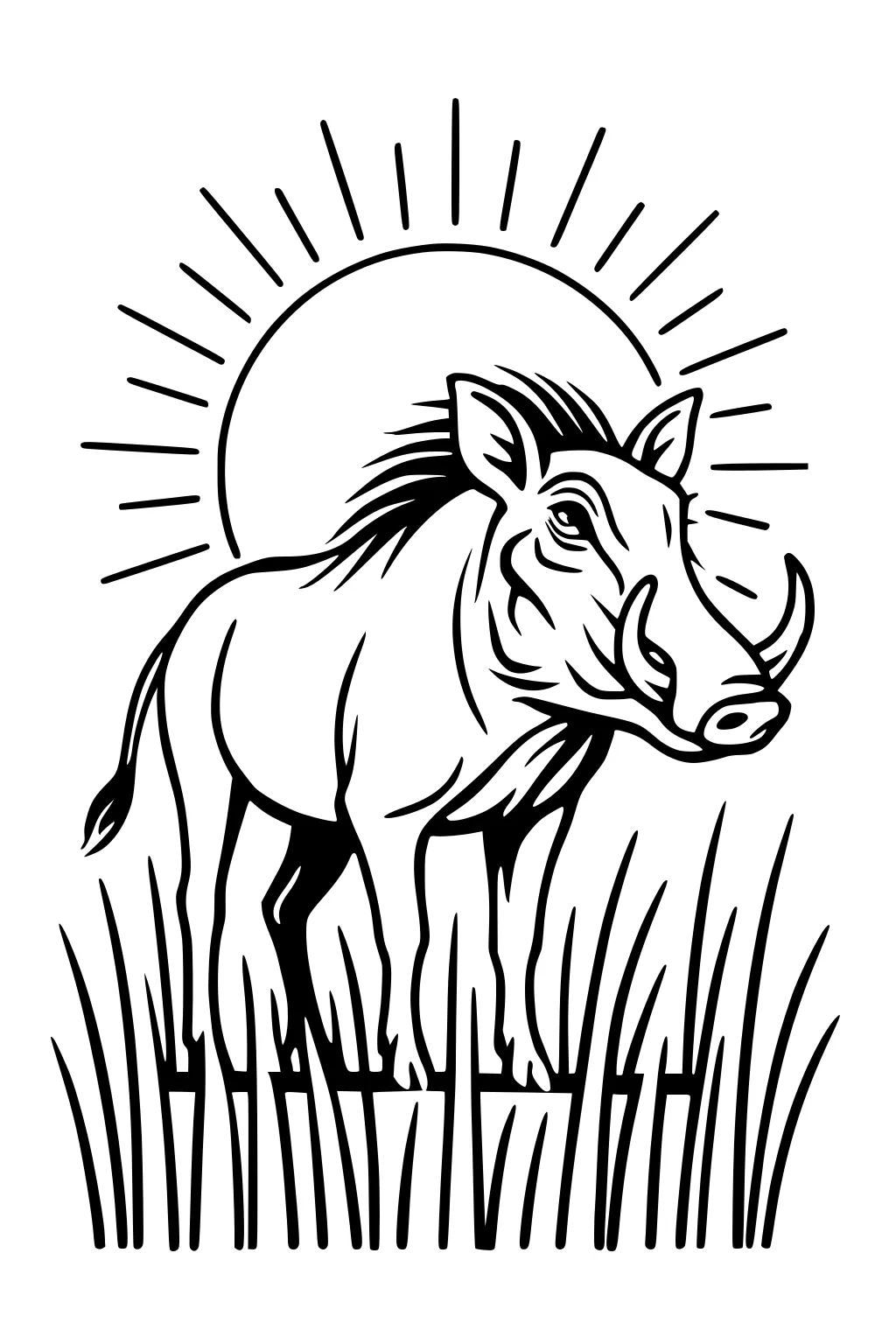 Warthog with upright mane and large tusks standing in tall grass with the sun shining behind him.