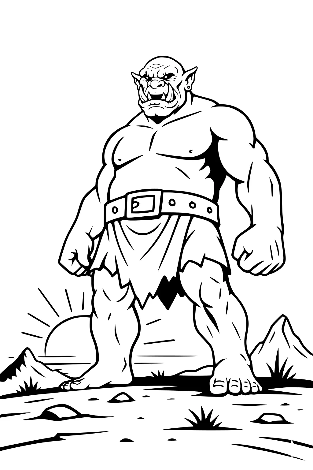 Cartoon male ogre with tusks and belt stands barefoot on rocky ground at sunset, mountains and grass tufts behind.