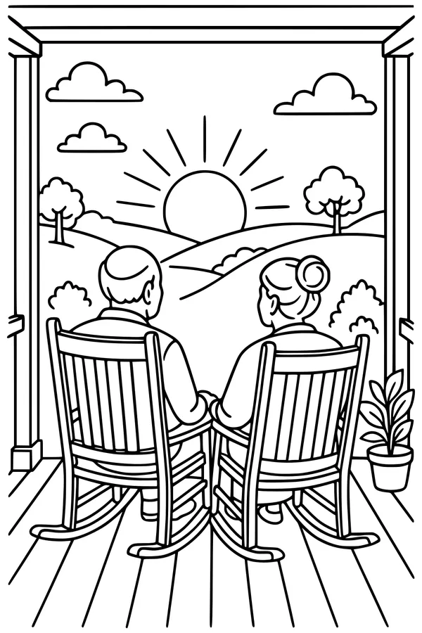 Free Retirement Grandparents Coloring Page - Elderly Couple on Porch at Sunset (Printable PDF)