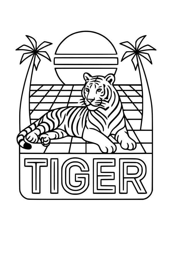 Free Tiger Coloring Page - Striped Tiger at Sunset Lounge (Printable PDF)