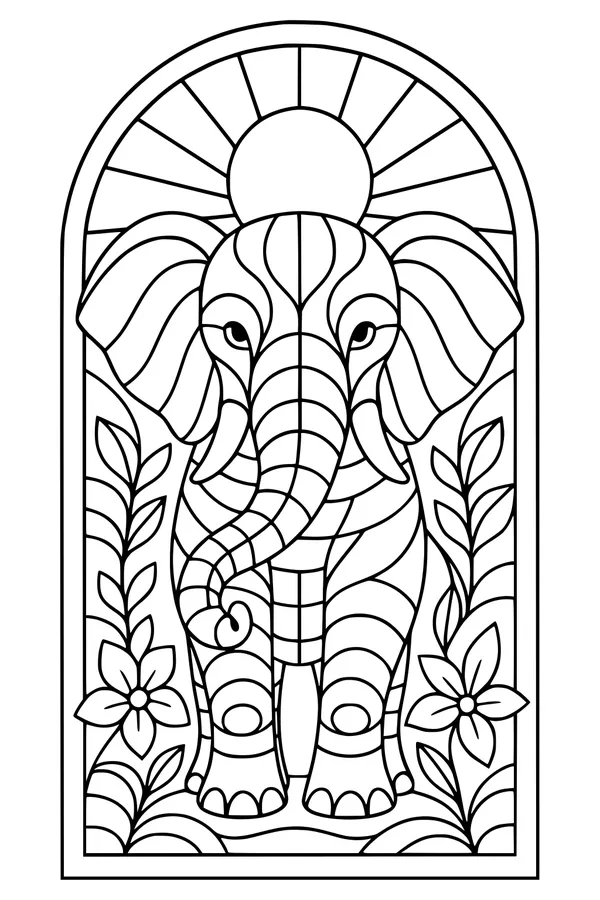 Free Elephant Coloring Page - Sunrise Garden Scene (Printable PDF)