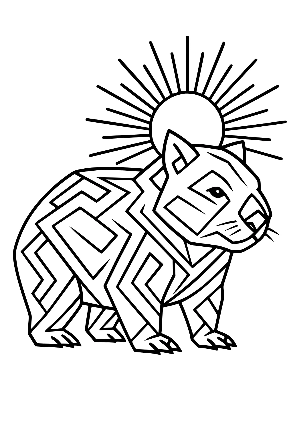 Wombat with maze patterns under a large sun with rays, sturdy legs, whiskers, and bold black outlines.