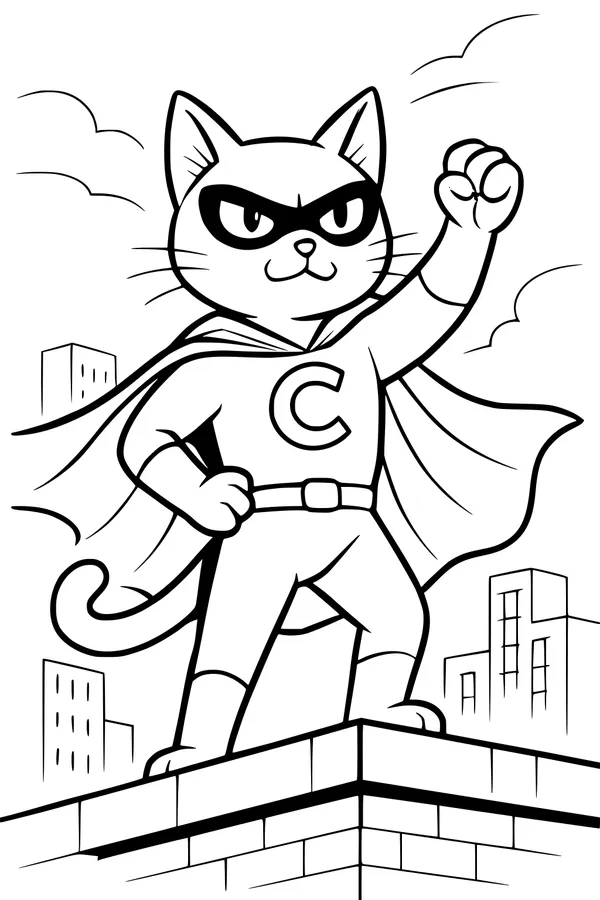 Free Superhero Cat Coloring Page - Masked Feline on City Rooftop (Printable PDF)