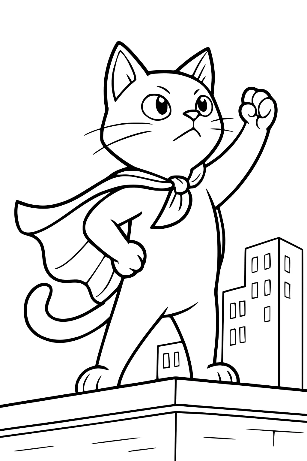 Cartoon cat superhero with a cape stands on building rooftop, fist raised, with city skyscrapers behind.