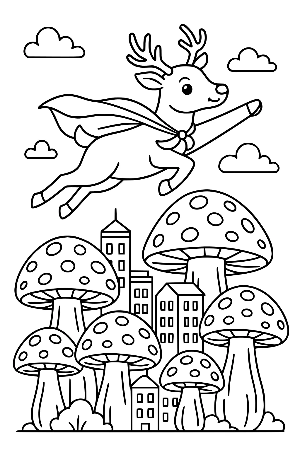 Deer with superhero cape flying over city buildings and giant spotted mushrooms with clouds in the sky.