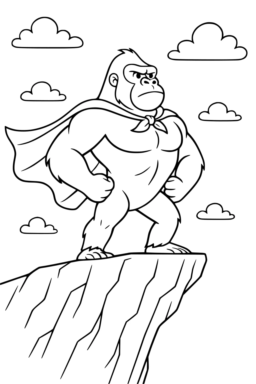 Gorilla in a superhero cape stands on a rocky cliff with hands on hips. Clouds float in the background sky.
