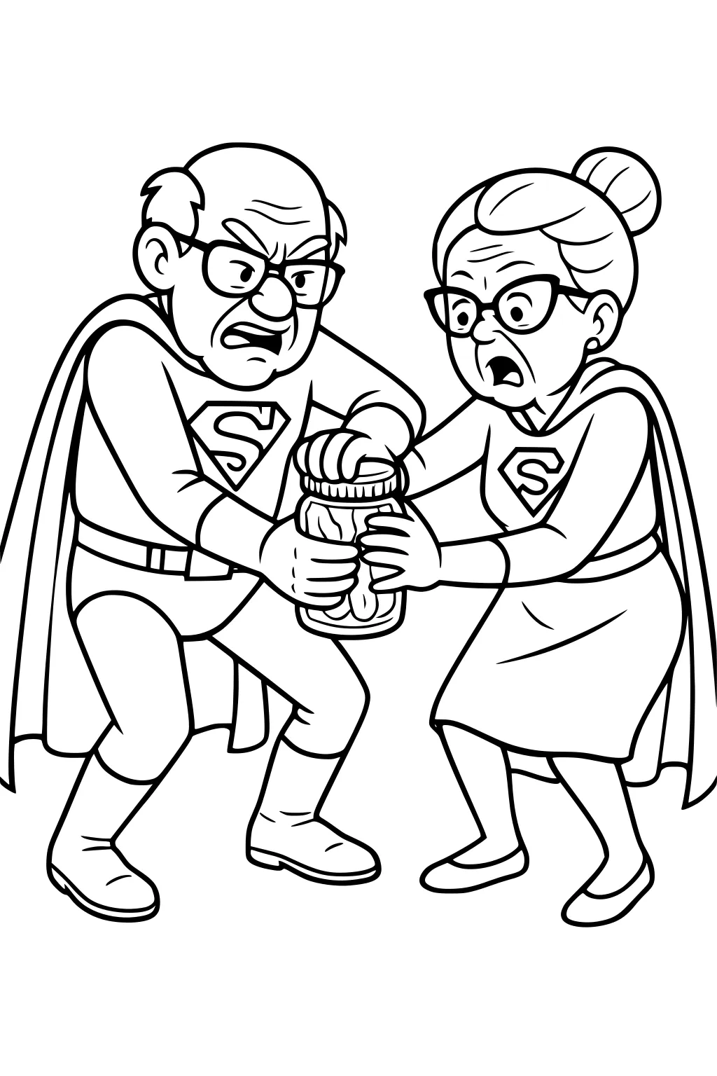 Elderly grandparents in superhero outfits open a pickle jar together, capes flowing, S logos on chests, both wear glasses, determined faces.