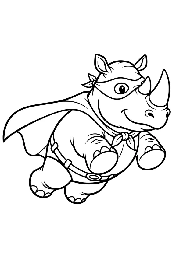 Free Rhinoceros Coloring Page - Cartoon Superhero Rhino Flying (Printable PDF)