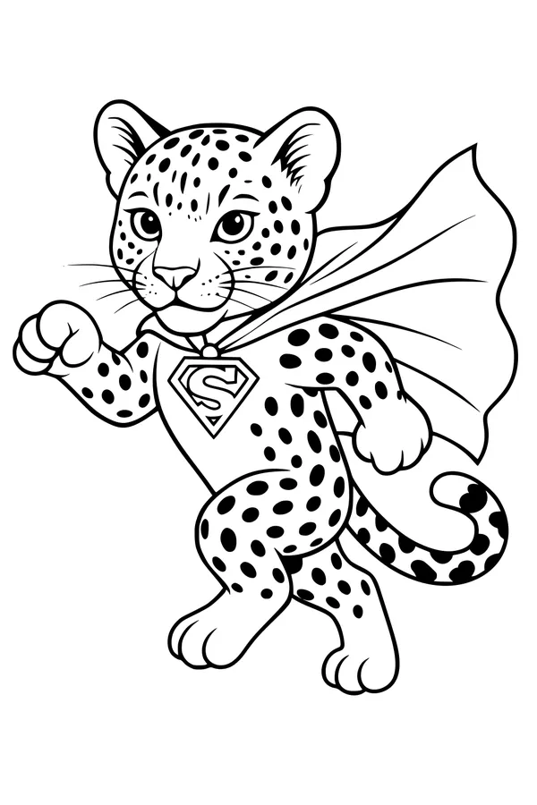 Free Leopard Coloring Page - Cartoon Superhero Cat With Cape (Printable PDF)