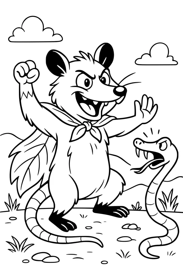 Free Opossum Coloring Page - Superhero Opossum Faces a Snake (Printable PDF)