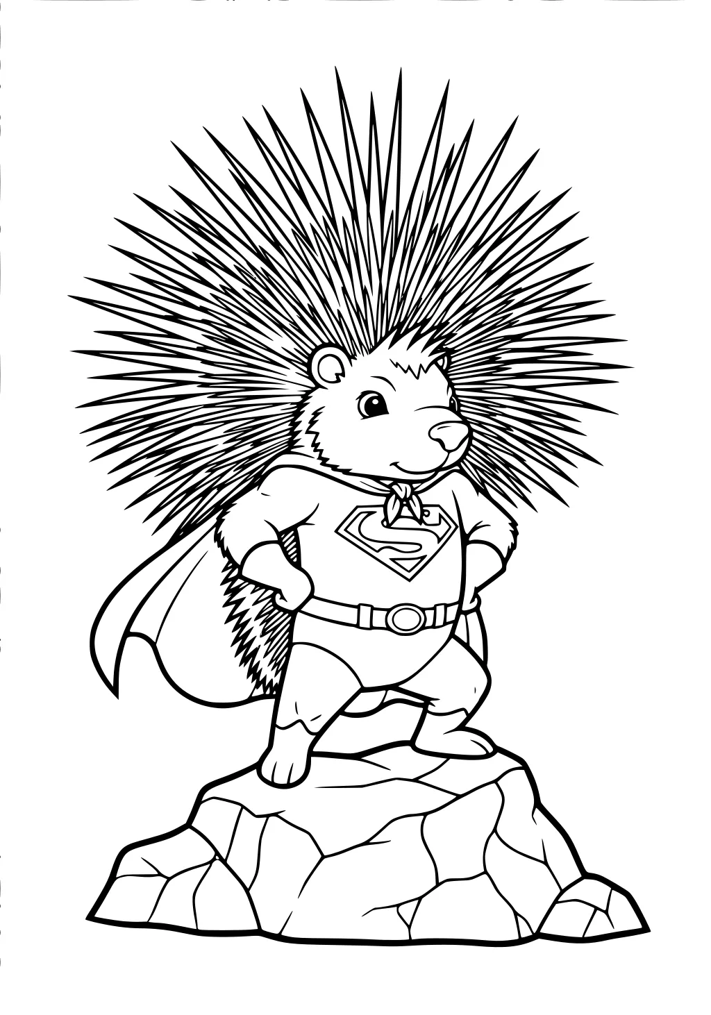 Porcupine wearing a superhero outfit and cape, standing on a rock with spiky quills spread behind him.