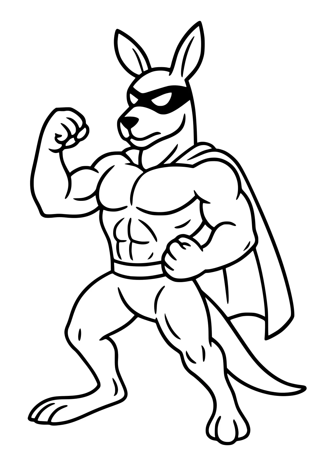 Muscular kangaroo superhero wearing a cape and mask, flexing one arm and standing tall.
