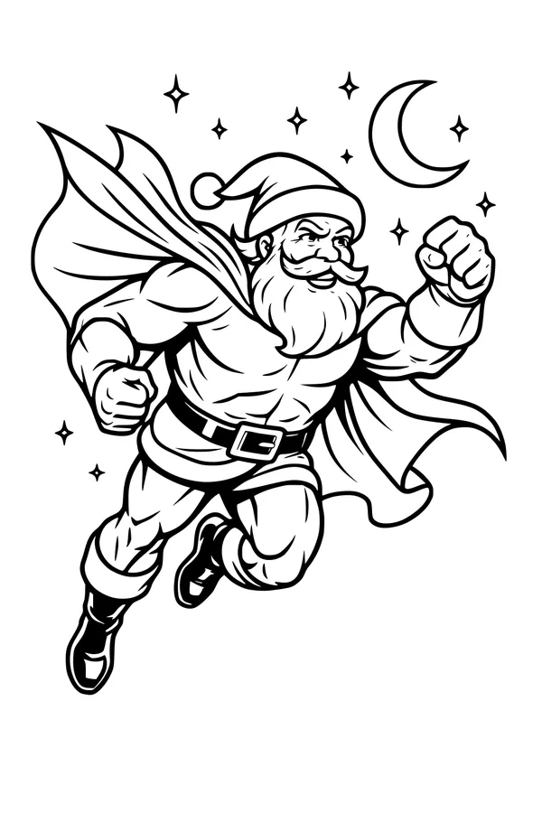 Free Santa Claus Coloring Page - Superhero Flight Past the Moon (Printable PDF)
