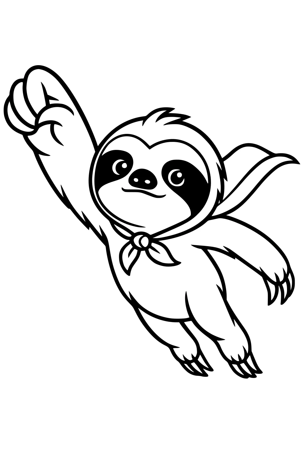 Cartoon sloth with cape and scarf flying with one arm raised like a superhero