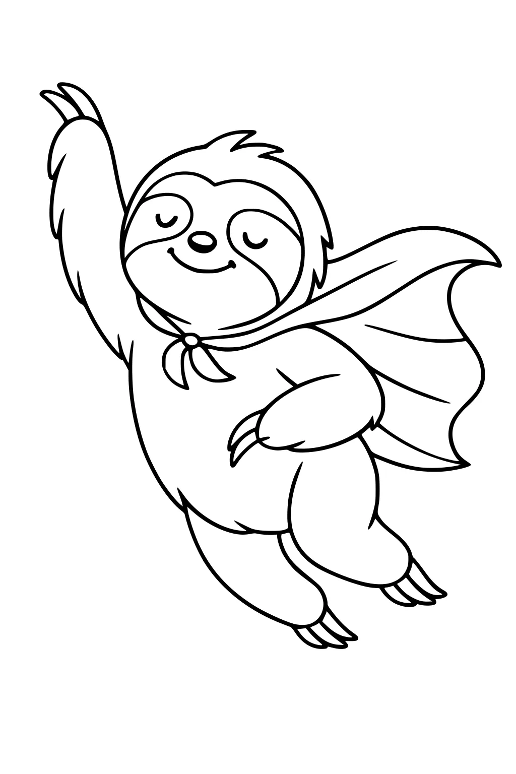 A smiling sloth with a cape flies through the air with one arm raised and eyes closed.
