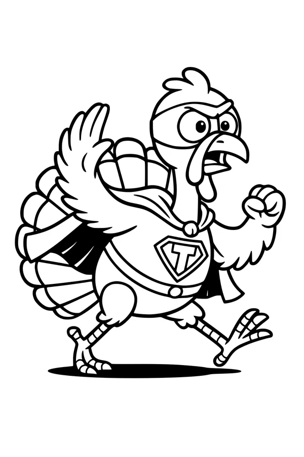 Free Turkey Coloring Page - Superhero Thanksgiving Bird in Cape (Printable PDF)
