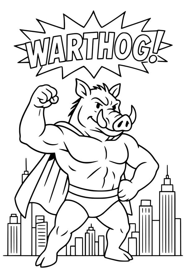Free Warthog Coloring Page - Muscular Superhero Flexing in City (Printable PDF)