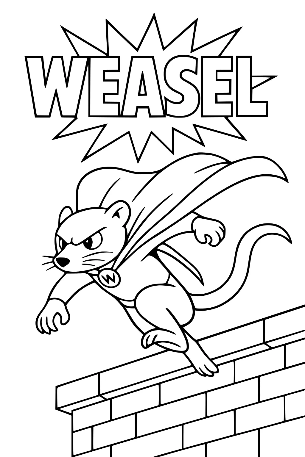 Superhero weasel in cape crouching on brick wall ready to jump, with WEASEL in large letters above.