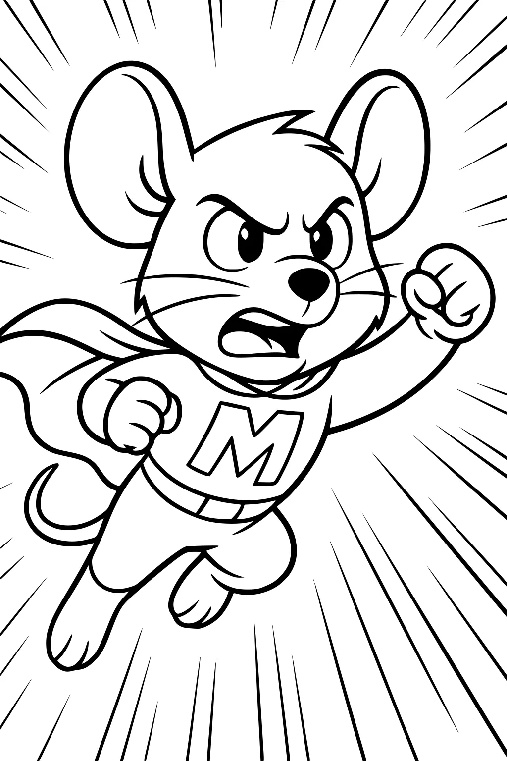 Superhero mouse flying forward with fists out, wearing a cape and shirt with an M.