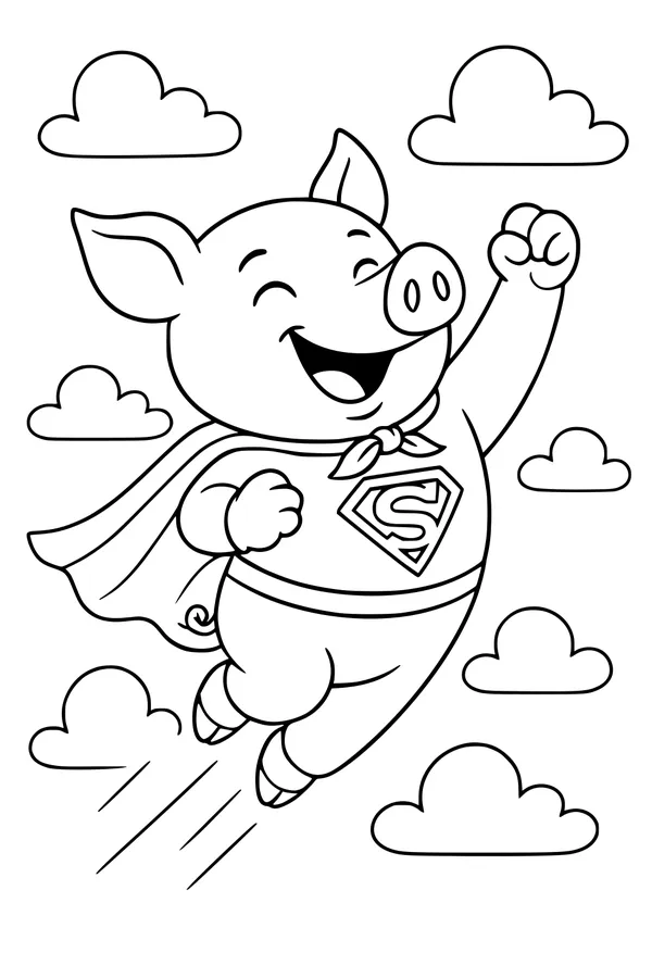 Free Superhero Pig Coloring Page - Flying Through the Clouds (Printable PDF)