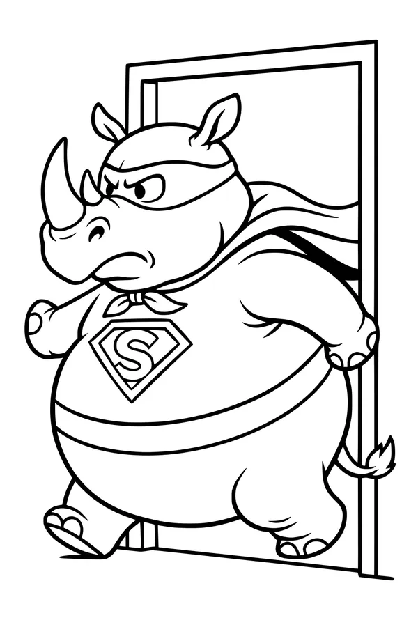 Free Rhinoceros Coloring Page - Superhero Rhino Stepping Through Door (Printable PDF)