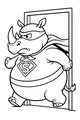 Free Rhinoceros Coloring Page - Superhero Rhino Stepping Through Door (Printable PDF)