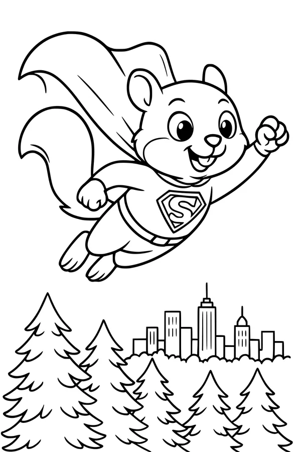 Free Squirrel Coloring Page - Superhero Flying Above City Trees (Printable PDF)