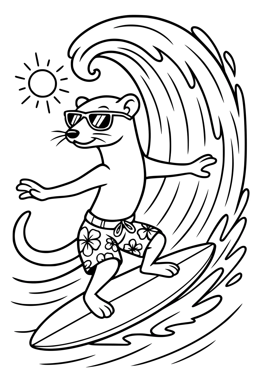 Weasel with sunglasses and floral shorts surfing a curling wave, sun shining, with water splashes.