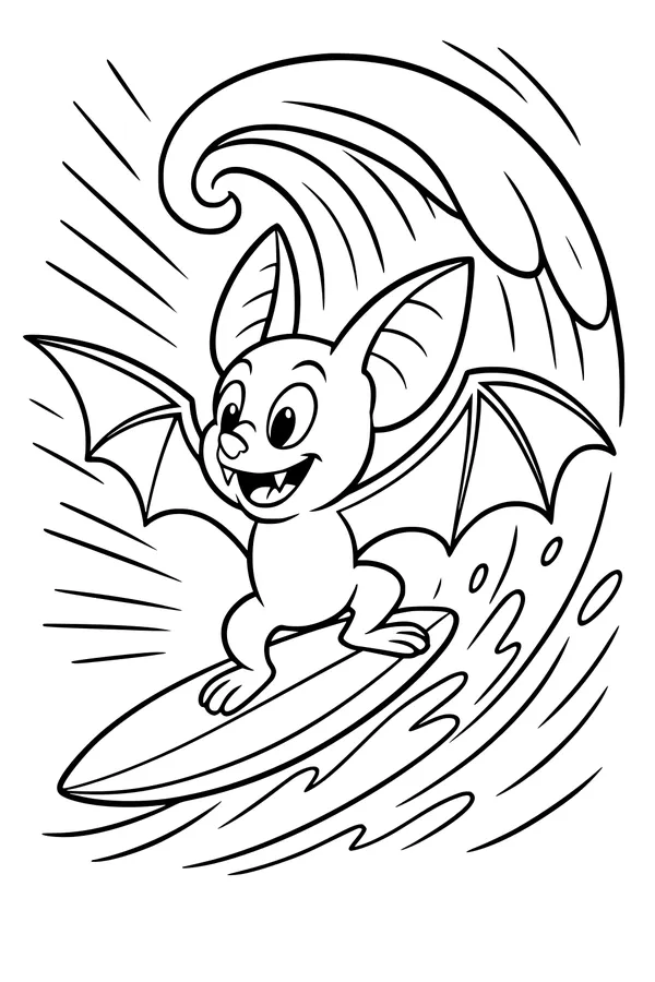 Free Bat Coloring Page - Surfing Bat Riding a Big Ocean Wave (Printable PDF)