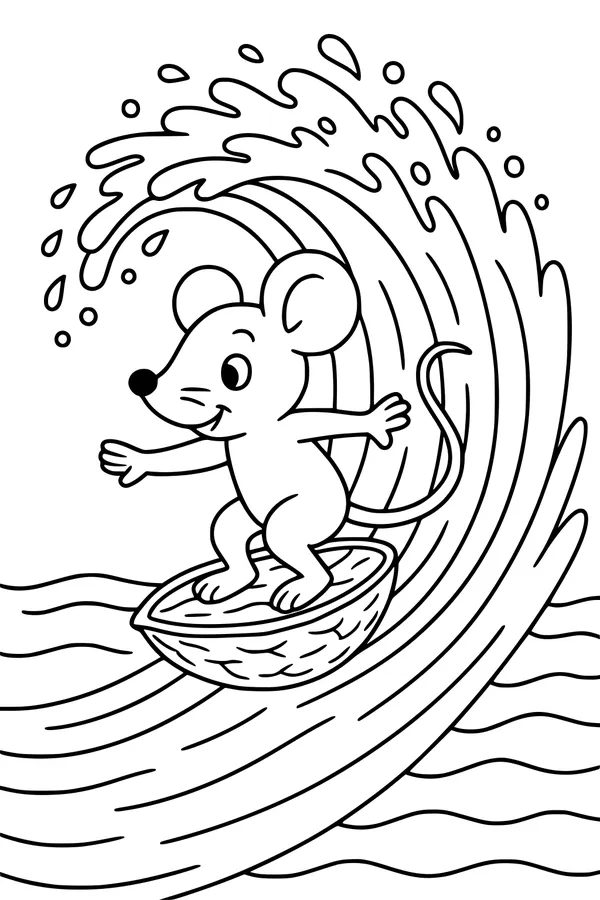 Free Mouse Coloring Page - Surfing Walnut Shell Adventure (Printable PDF)