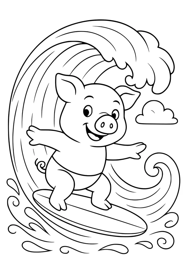 Free Pig Coloring Page - Surfing Pig on Ocean Wave (Printable PDF)