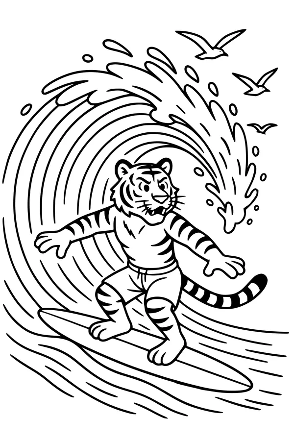 Free Tiger Coloring Page - Surfing a Big Ocean Wave (Printable PDF)