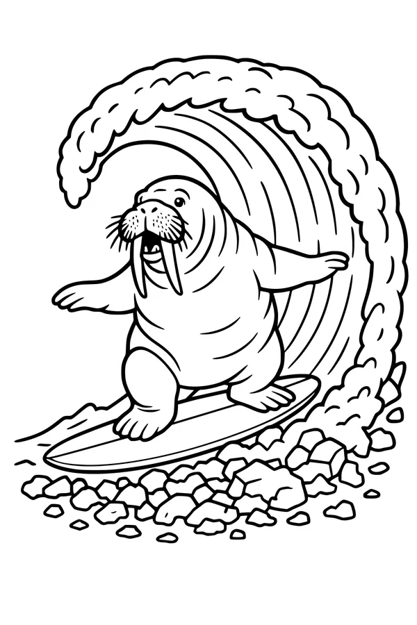 Free Walrus Coloring Page - Surfing a Giant Ocean Wave (Printable PDF)